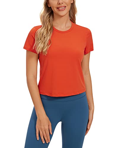 Crz Yoga Women's Pima Cotton Short Sleeve Crop Tops High Neck Cropped Workout Tops Yoga Athletic Shirts Casual T-Shirt Brick Orange X-Large #TOP21