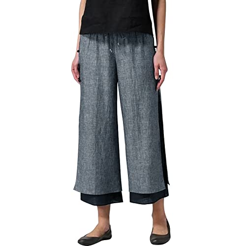 Women's Color Block Buckle Wide Leg Capri Pants Double Layer Cropped Trousers Tie Waist Pants