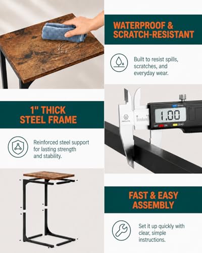 Image of C-Shaped Side Table for Couch - Small Coffee Stand Sofa Tray Desk with Metal Frame and Waterproof Scratch Resistant, Modern End Accent for Living Room, Bedroom, Small Spaces, Rustic Brown