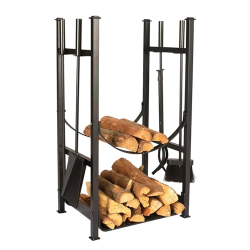 Estante de leña de 2 niveles con herramientas de chimenea, apilador de madera para interiores y exteriores, para hogueras de granja y camping