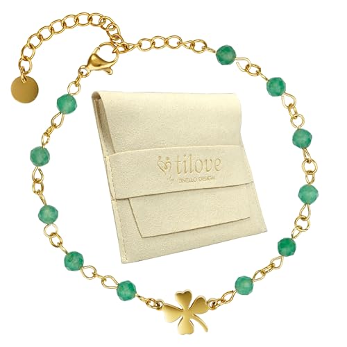 Zinello Design TILOVE – Pulsera de jade verde natural – Joya de litoterapia con trébol inoxidable – armonía y serenidad – Diseñado en Francia – Regalo para el bienestar