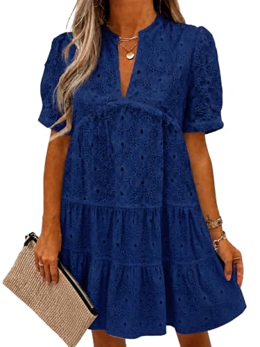 Image of Imily Bela Womens Summer Lace Dresses Eyelet Casual Flowy Babydoll Swing Short Sleeve V Neck Tunic Dress