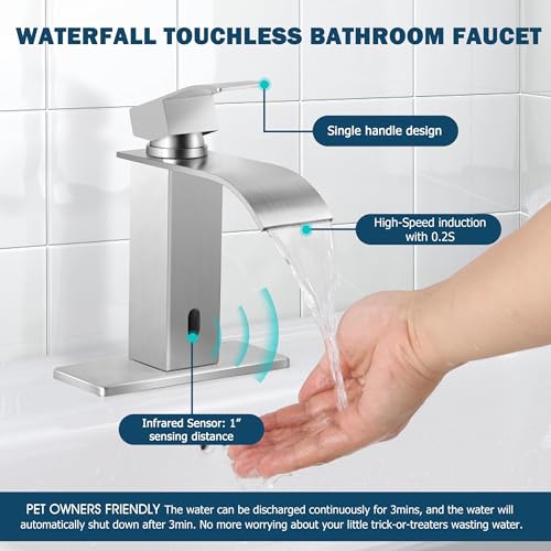 Image of Herogo Touchless Bathroom Sink Faucet, Automatic Sensor Brushed Nickel Waterfall Stainless Steel Bathroom Faucet with Brass Pop Up Drain for Vanity RV Lavatory Farmhouse