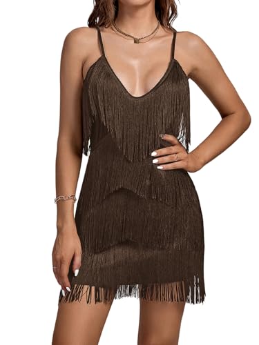 Image of Umenlele Women's Layered Fringe Deep V Neck Cami Mini Dress Sleeveless Tassels Flapper Dresses