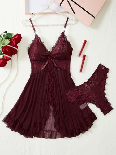 Image of Foxiny Sexy Ruffle Sheer Mesh Lace Wireless Babydoll Lingerie Dress with Thong 2 Piece