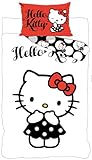 BrandMac Hello Kitty Parure de Lit Bébé 100% Coton   Housse de Couette 100x135 cm et Taie d'oreiller 40x60 cm   Design Réversible Pois Noir, Blanc et Rouge   Licence Officielle