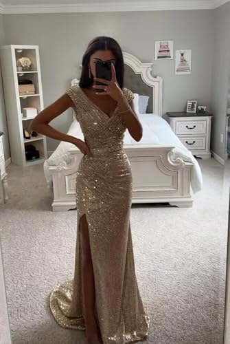 Sequin Mermaid Long Prom Dresses 2025 for Teens Sparkly V Neck Ruched Formal Evening Gown with Slit WO0442