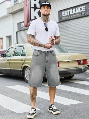 Image of PLEPAN Mens Super Baggy Jean Shorts 12 inch Vintage Loose Fit Wide Leg Long Jorts Y2K Streetwear Below Knee Denim Shorts