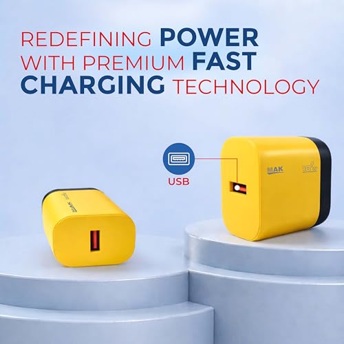 Image of MAK 18W Fast Charging USB Wall Charger 2.4A with USB to Type-C Cable, Compatible with Android Smartphones, Tablets & Type-C Devices, Safe & Reliable Power Output, Yellow