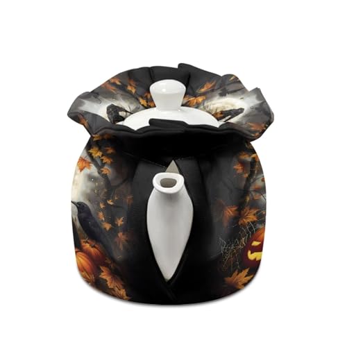 Image of Xoenoiee Black Cat Pumpkin Crow Print Tea Cozy Tea Pot Cover Insulation Tea Cosy Teapot Dust Cover Teapot Warmer for Home Kitchen Teapot Covers Halloween Decor