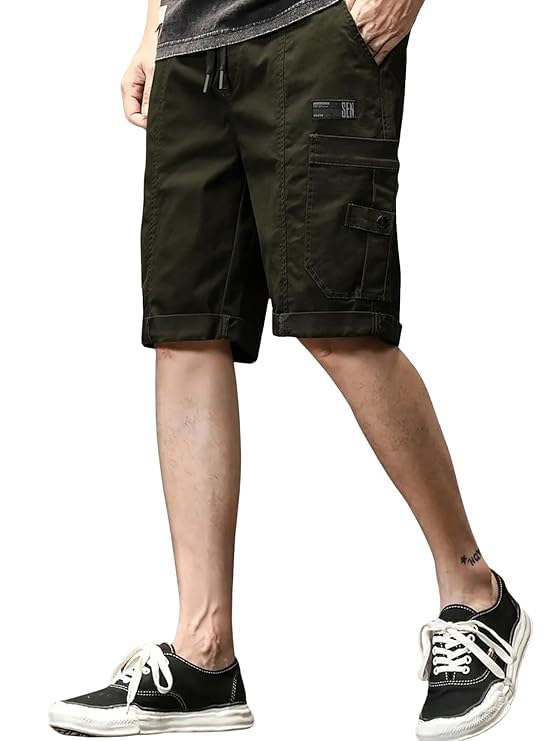 Image of Men's 100% Pure Cotton Cargo Shorts | Regular Fit Knee Length Utility Shorts with Multiple Pockets | Casual Outdoor Summer Wear Shorts for Men