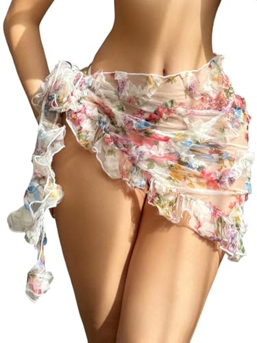 ZAFUL Women's Swimsuit Coverup Floral Wrap Skirts Beach Sheer Bikinis Cover Ups One Size Ruffle Trim Bathing Suit