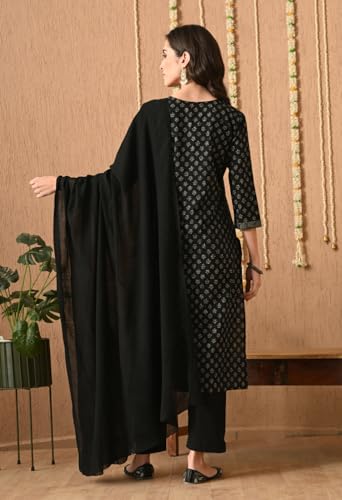 Image of Amazon Brand - Tavasya Womens Ethnic Motifs Printed Regular Pure Cotton Kurta with Trousers & Dupatta | Kurta Set | Salwar Suit | Ethnic Wear