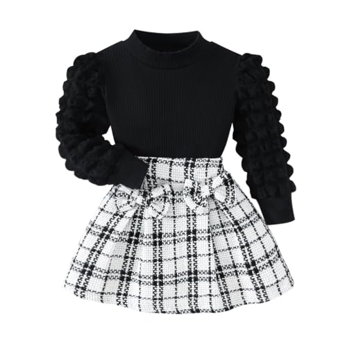 Image of Noubeau Toddler Girls Plaid Outfits Girls Puff Sleeve Knit Ribbed Shirt Tops Plaid Skirt Set Kids Fall Winter Clothes