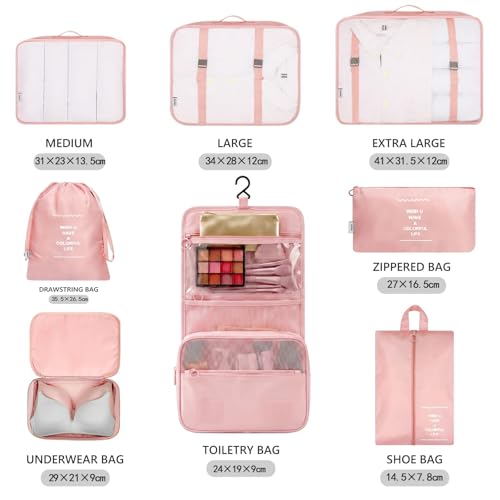 Image of MURISE 8-Piece Packing Cubes, Clothes Bags, Suitcase Organiser for Holidays and Travel, Packing Cube Set, Travel Cube, Organiser System for Suitcases - Pink