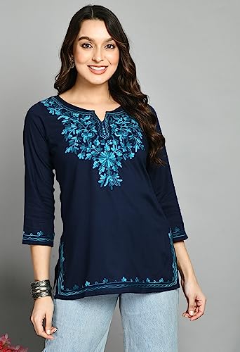 Image of QAZMI Aari Embroidered Rayon Cotton Short Kurti