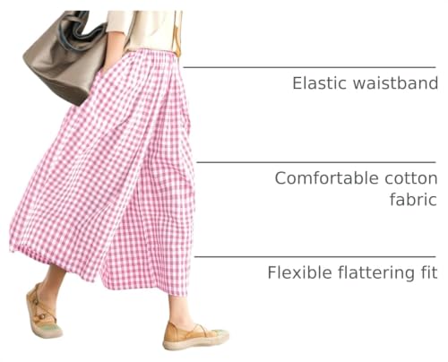 Image of LOMON Womens Wide Leg Capri Pants Gingham Plaid Culottes Summer Elastic Waist Palazzo Trousers Bottoms with Pockets