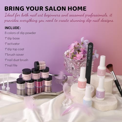 Aokitec 14 PCS Dipping Powder Nails Set, Rosa Magenta Dip Acrylpulver mit Dip Base Top Activator Brush Saver, Dipping Powder Starter Set für Nägel Selber Machen, Geschenk für Frauen Mädchen
