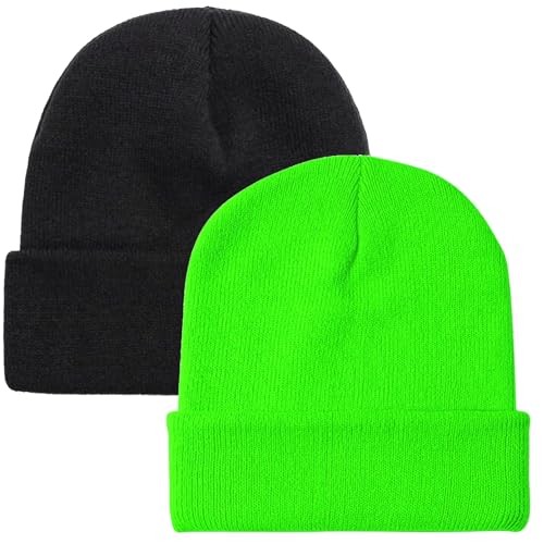 ZOORON Beanie for Men Women Warm Winter Hats Acrylic Knit Cuffed Beanie Cap Unisex Neon Green/Black