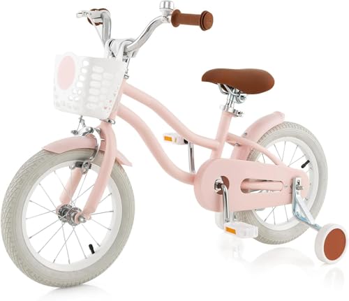 HOMGX 14”/16”/18” Kids Bike for Boys & Girls Aged 3-8 Years Old w/Training Wheels, Basket, 95% Pre-Assembled (Pink, 18