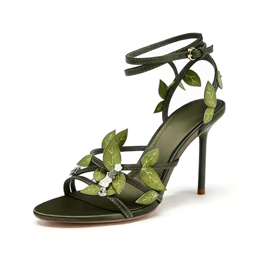 BGSMGISKD Women'S Stiletto Ankle Wrap Strap Sandals with 3D Leaf Decor...