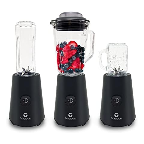 TONICON Smoothie-Maker | 3in1 Mini Mixer | 6-Edelstahl-Messer Blender | 500 Watt Standmixer | Glas-Behälter Inkl. Trinkfalsche Smoothie to go BPA-Frei Cover