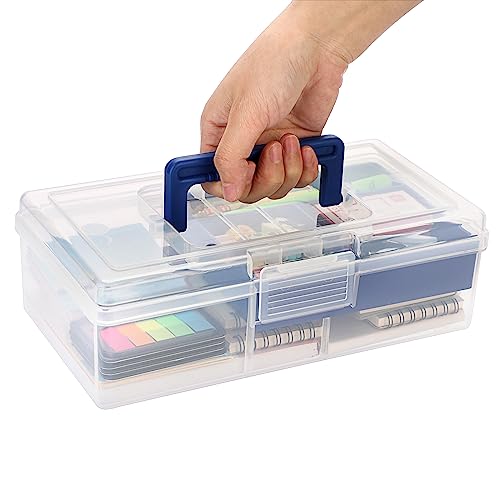 Image of BTSKY Clear Plastic Storage Box with Removable Tray Multipurpose Stationery Storage Box with Handle Handy Sewing Box Art Craft Supply Organizer Home Utility Box (Blue)
