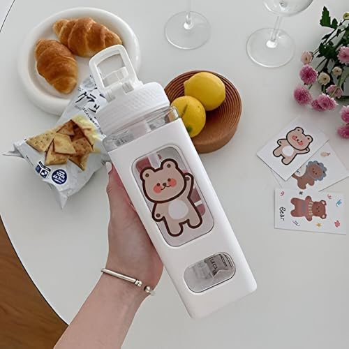 Image of LHOTSE FreeSip Cute Square Water Bottle for School with Straw & Leakproof Lid - Large Capacity Kawaii Bottle for Kids, Girls & Office Use (White)