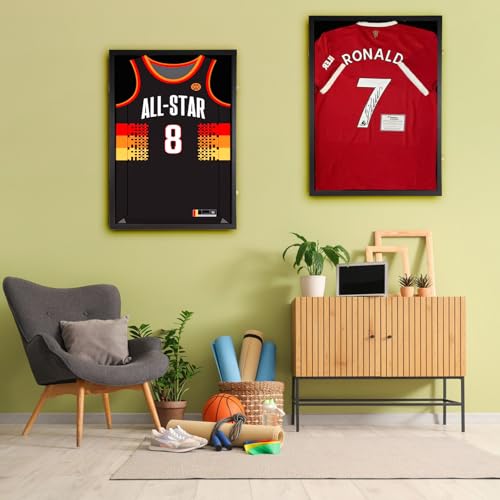 GUTAG Jersey Wooden Frame Display Case -Shadow Box with 98% UV Protection Acrylic and Hanger for Baseball Basketball Football Hockey Sport Shirt and Uniform Gifts for Men(Black, 1 Pack)