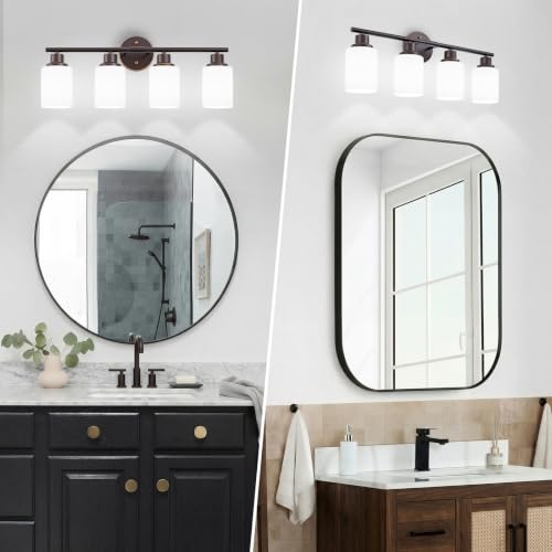 Image of 4-Light Bathroom Light Fixtures, E26 Oil-Rubbed Bronze Gold Vanity Lights for Mirror with Textured Milky White Glass Shade, Modern Kitchen Light Fixtures Wall Sconce Light