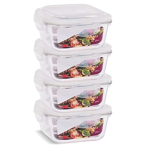 KIT 4 Potes de Vidro Quadrado com Tampa Hermética 520ml Cor:Branco (QH)