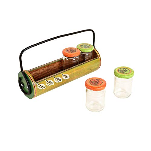 Image of AAKRITI ART CREATIONS Pickle Organiser with Stand | Handcrafted Madhubani Art Storage Jars| Kitchen Decoration Items Stylish Tray & Jars| Kitchen Jars with Wooden Tray