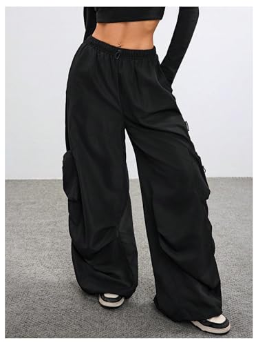 GORGLITTER Women's Parachute Cargo Pants with Pockets Baggy Wide Leg Low Waisted Oversized Loose Drawstring Pants4