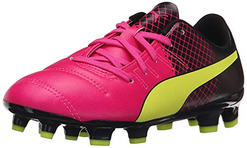 Puma Unisex-Child Evopower 4.3 Firm Ground Soccer Shoe, Pink Glo/Safety Yellow, 4 B US Big Kid