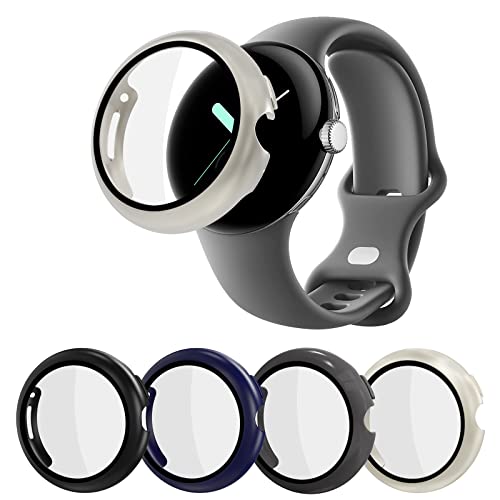 OMEE Compatible with Google Pixel Screen Protector Case, ã4+4Packã HD Tempered Glass Protective Film and Hard PC Plated Bumper Shell Scratch-Resist Cover Accessories for Google Pixel Smartwatch
