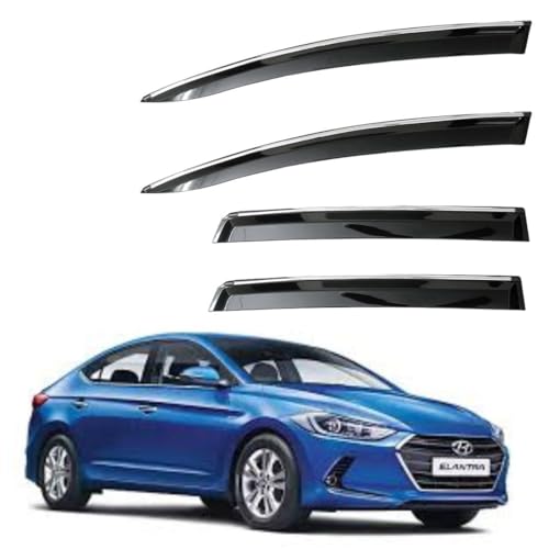 Image of CAR SAAZ Unbreakable Chrome Smoke Door Visor for Elantra (2015-2018)| Premium Sun, Rain Wind Deflector Chrome Strip Side Door Rain Visor - Set of 4 Pcs