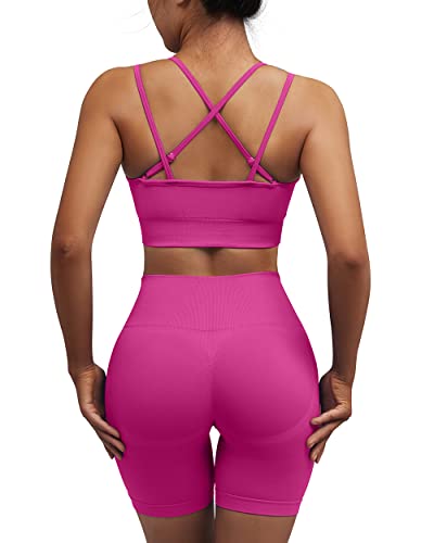 Omkagi Workout Sets For Women Seamless Strappy Sports Bra Butt Lifting Workout Shorts Leggings 2 Piece Gym Outfits(M,4-Dragon Fruit) #TOP18
