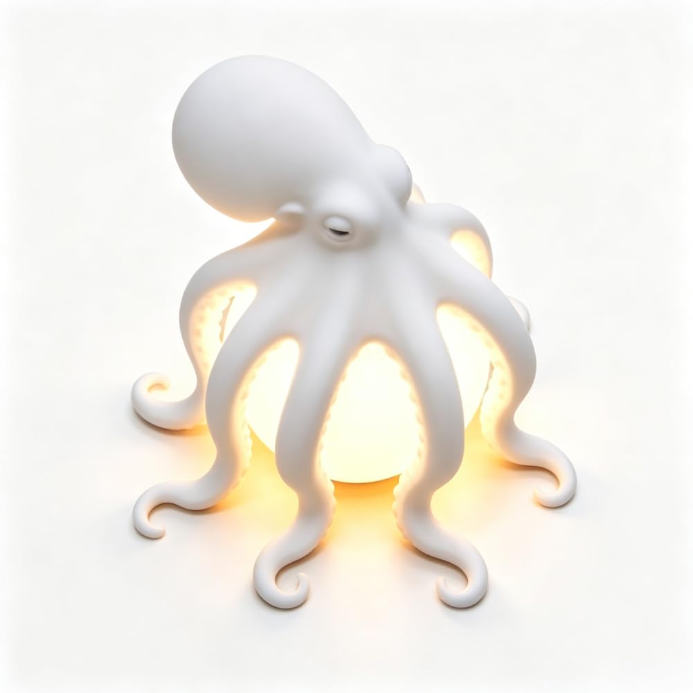 ​Octopus Table Lamp, 6in Coastal Ocean Decor with Warm LED Glow, Nautical Accent Light for Bedroom, Living Room & Reading Nook, Unique Ocean Themed Gift