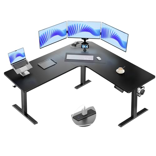 Image of HUANUO Electric L Shaped Standing Desk, 63 inch x 63 inch Height Adjustable Corner Standing Desk with Built-in Power Outlets & Power Strip Holder, Sit Stand Up Table with 4 Preset Heights, Black