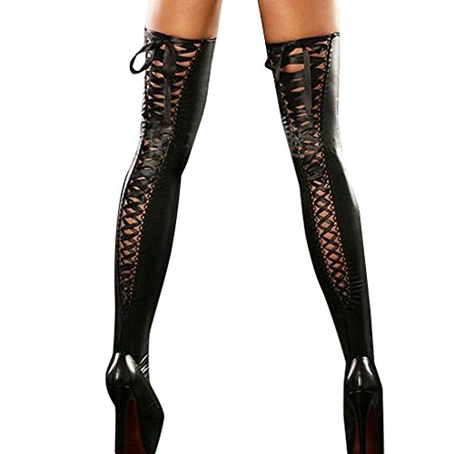 VJGOAL Moda casual para mujer Sexy Club Medias hasta el muslo cómodas Tentación Correas de encaje de cuero Calcetines eróticos altos(Un tamaño,Negro) Cover