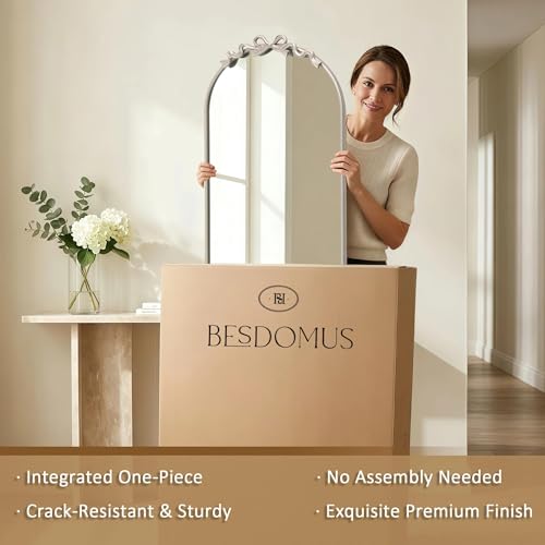Image of Besdomus Arched Mirror Full Length: 21 inchx56 inch Vintage Bow Silver Floor Mirror | French Antique Baroque Traditional Ornate Standing for Entryway /Cloakroom /Bedroom - Ideal for Fashion-Conscious Ages 18-45