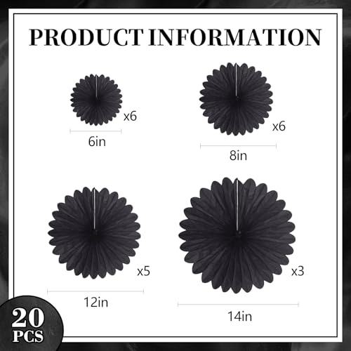 Image of 20 Pcs Black Hanging Paper Fan, Hanging Honeycomb Round Paper Fans for Weddings, Birthdays, Easter, Baby Showers, Classroom, Events Ceiling Party Supplies Decorations
