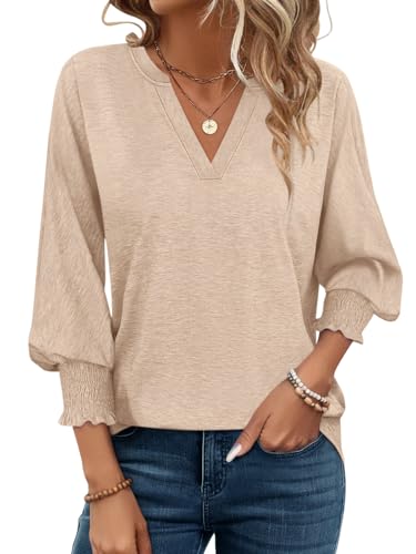 PGANDS Women's V Neck 3/4 Sleeve Tops Dressy Casual Shirts Cute Loose Blouse