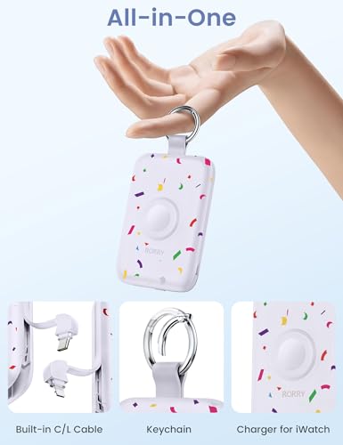 Image of RORRY CharmGo Portable Charger, 10000mAh 20W Fast Charging Portable Charger Power Bank with Built in Cables, Travel Battery Pack for iPhone 17 /16 /15 /14 /13 /12 and Apple Watch, Confetti-Purple