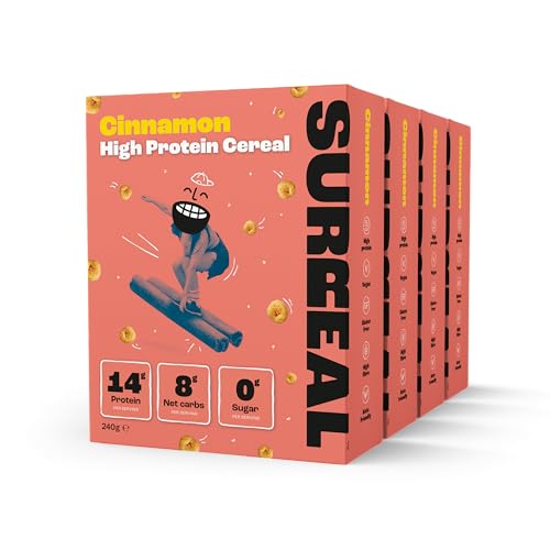 Surreal Cinnamon - High Protein Keto Cereal - 0g Sugar- Healthy Plant Based Cereal - High in Fibre- Low Carb - Gluten Free - Vegan - 14g of Protein - 240g per Box - 4 Pack (4 x Cinnamon)