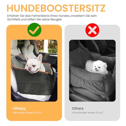 HiPetpy Hunde Autositz –Autositz mit Decke & dickem Kissen für kleine Hunde bis 14 kg/30 lb, Erhöhtes Design mit Sicherheitsleine, rutschfestes Hundebett fürs Auto mit Aufbewahrungstaschen (Grau)