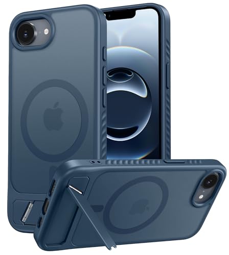 Image of FNTCASE for iPhone 16E Phone Case: [Magnetic Stand] [Compatible with Magsafe] Translucent Matte Military Grade Shockproof Drop Rugged Protective Phone Cover, Blue