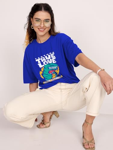 Image of LEOTUDE Oversized Cottonblend Half Sleeve Tshirt for Women, Round Neck Longline Printed Drop Shoulder Baggie Tops for Woman