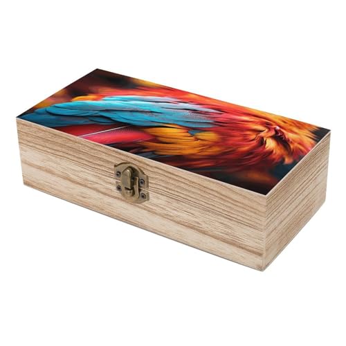 Coffre de rangement en bois rétro décoratif avec couvercle à plumes