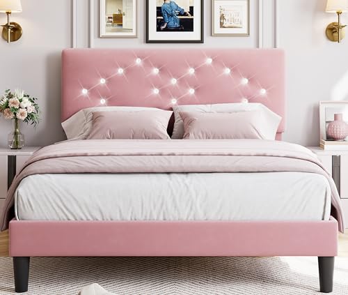 GAOMON Full Size Bed Frame with Headboard, Upholstered Platform Bed Frames Full Size with Crystal Diamond Tufted for Girls/Kids Easy Assembly, Wooden Slats Support, No Box Spring Needed, Pink